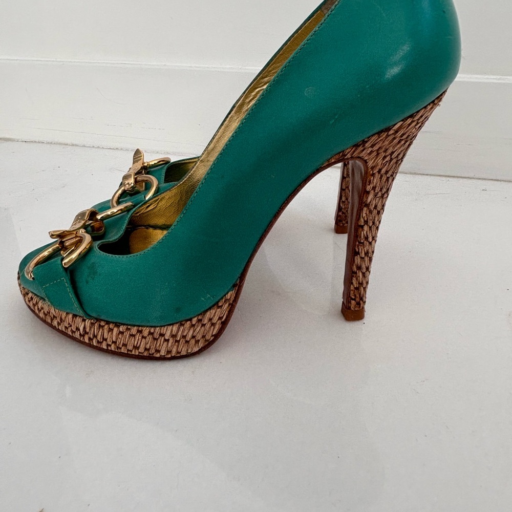 Marciano Teal Peep-Toe Heels with Gold Accent